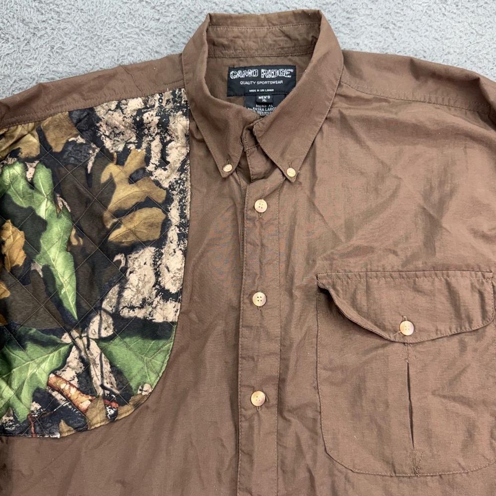 Camo‎ Ridge Shooting Shirt Mens XL Brown Quilted Camo Patch Nylon Button Down